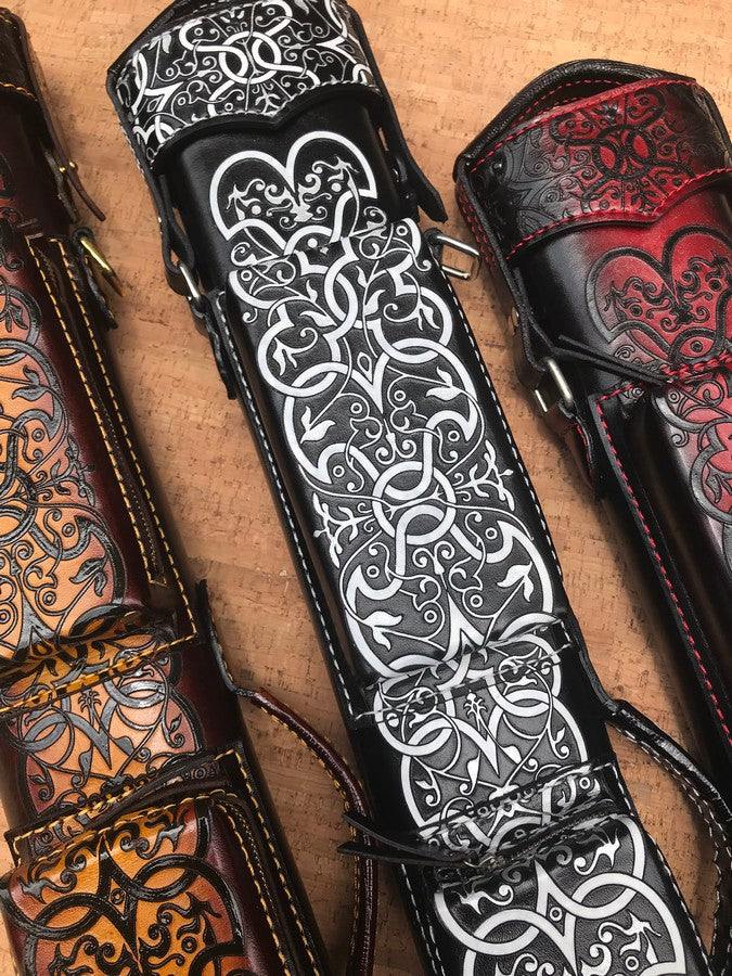 Detail view of Arabesque black and white leather cue case