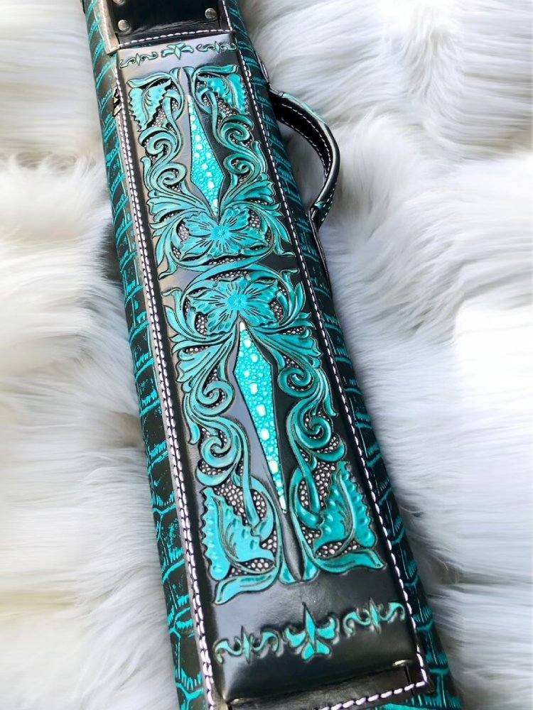 Buffalo Signature Leather Cue Case handtooled and handcolored with worldwide express shipping