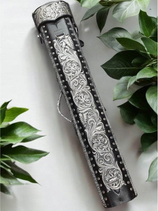 Back view of Buffalo Single Tone black and grey leather cue case with buffalo leather detailing