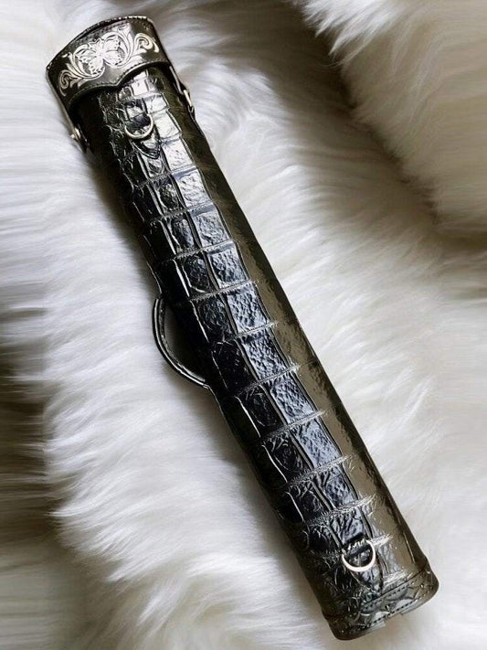 Back view of Crocodile Black custom leather cue case with genuine crocodile leather detailing and handmade finish