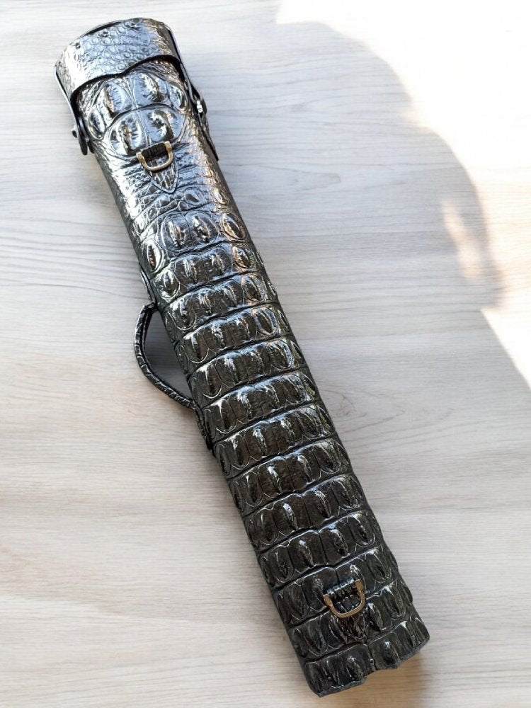 Back view of Crocodile Black custom leather cue case with genuine crocodile leather detailing
