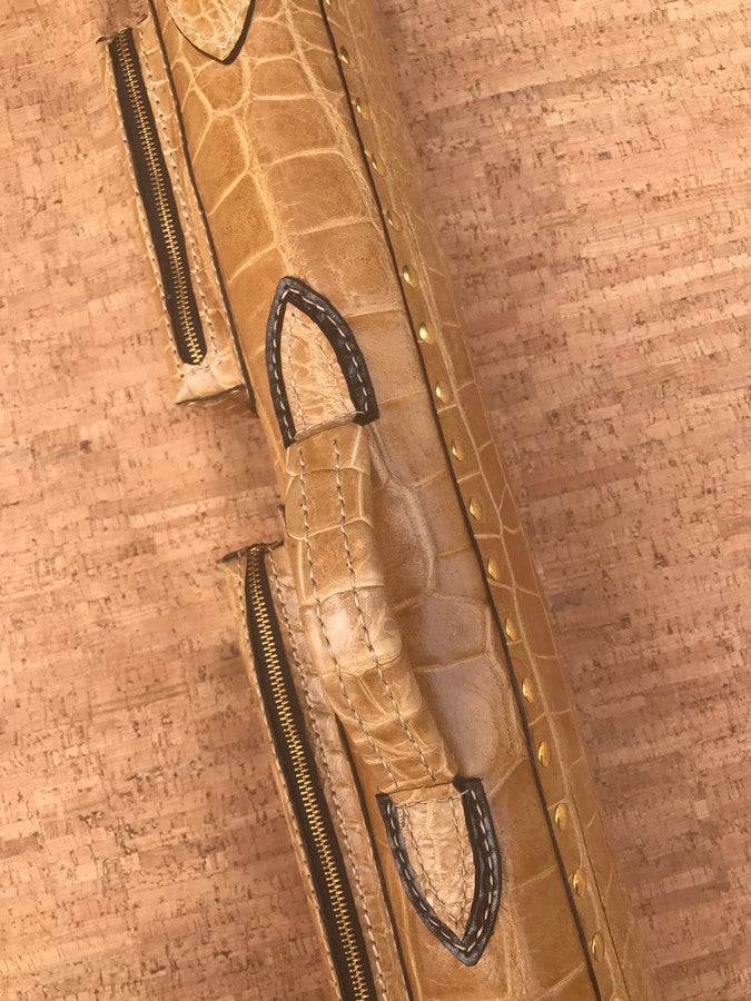 Side view of Crocodile Colored tan custom leather cue case with genuine crocodile leather detailing