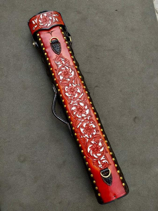 Back view of Crocodile Dual Tone maroon and black custom leather cue case with genuine crocodile leather detailing