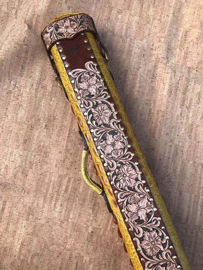 Back view of Crocodile Dual Tone yellow and black custom leather cue case with genuine crocodile leather detailing