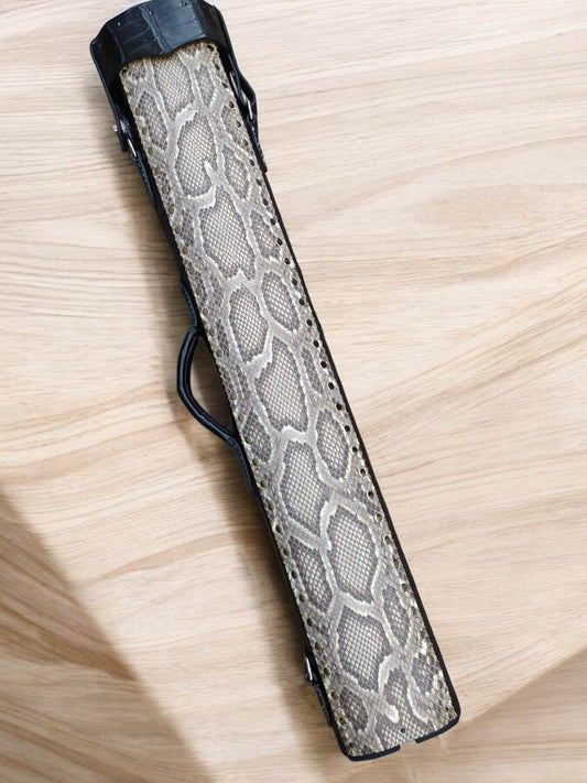 Back view of Crocodile Signature black custom leather cue case with genuine crocodile leather detailing