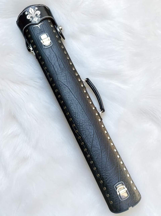 Back view of Crusade black leather cue case with hand-carved fleur-de-lis detail on the top lid and handmade finish