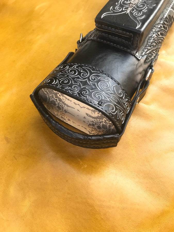 Top view of Dark Knight custom leather pool cue case