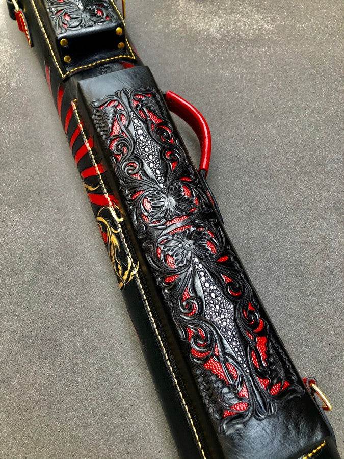 Front close-up of Dragon-Themed custom leather cue case with dragon artwork