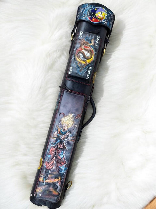 Front view of Dragon Ball custom leather pool cue case with dragon artwork