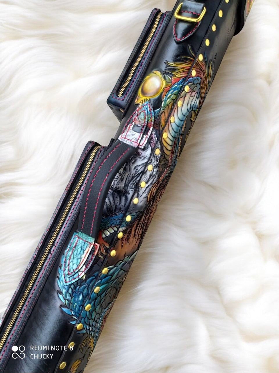 Side view of Dragon Ball custom leather pool cue case with dragon artwork
