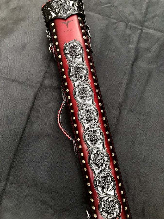 Back view of Embossed custom leather cue case with embossed leather detailing