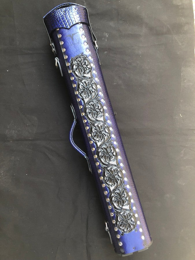 Back view of Embossed custom leather cue case with embossed leather detailing