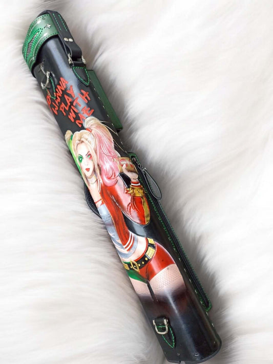 Back view of Harley Quinn custom leather cue case and handmade finish