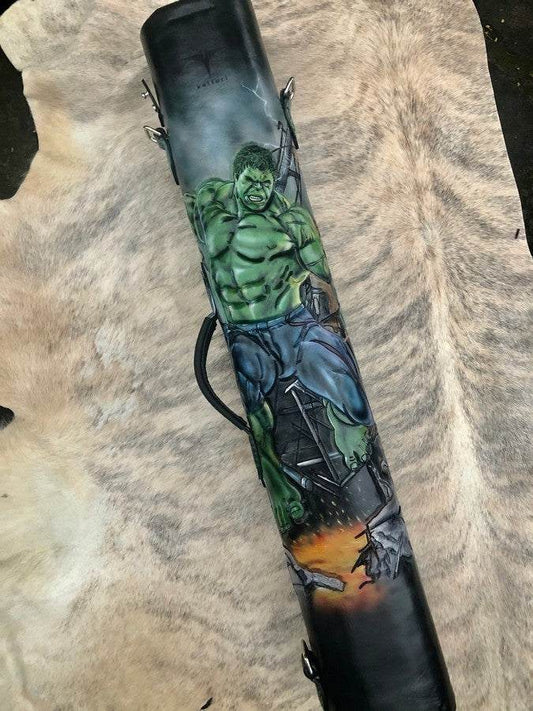 Back view of Hulk custom leather pool cue case with comic-inspired artwork