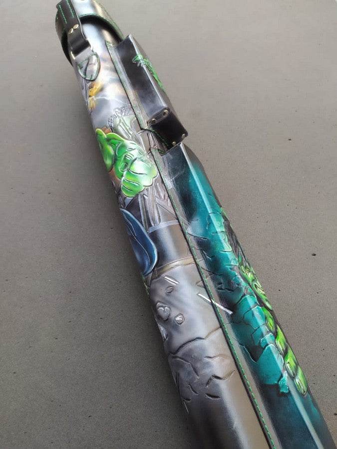 Side view of Hulk custom leather pool cue case with comic-inspired artwork