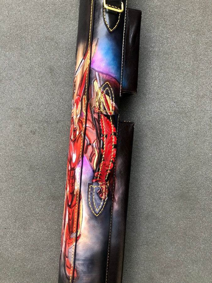 Side view of Iron Man leather cue case with comic-inspired artwork