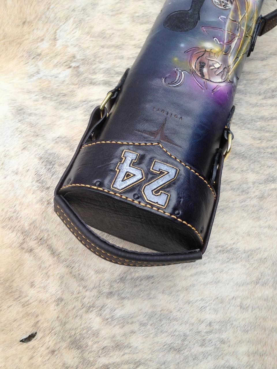 Top view of Kobe custom pool cue case and genuine leather craftsmanship