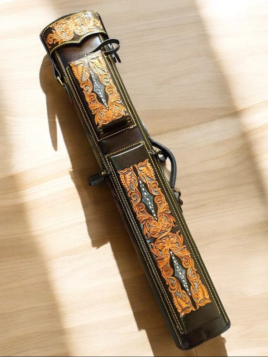 Front view of Lion of Judah leather cue case with lion artwork