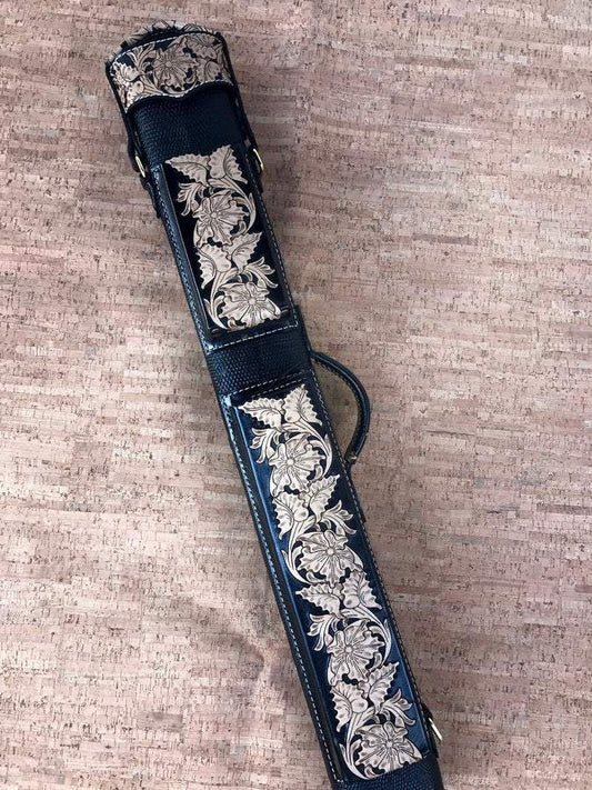 Front view of Lizard custom leather cue case with lizard leather detailing