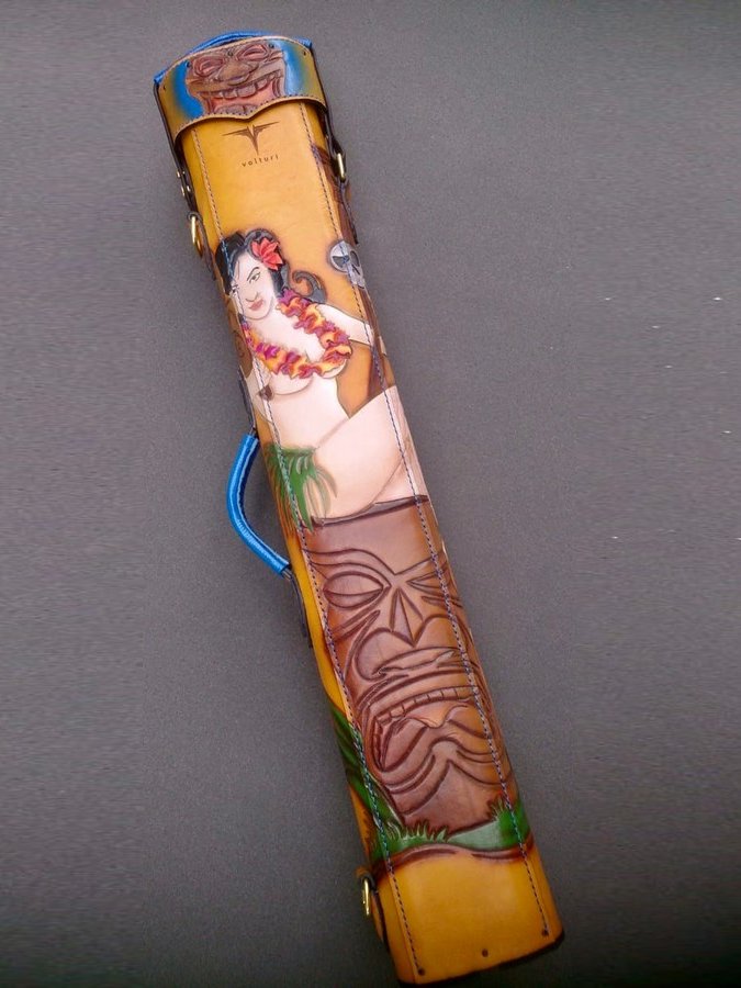 Back view of Mask custom leather cue case
