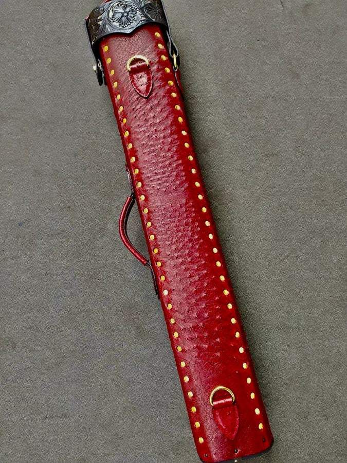 Back view of red Ostrich leather custom pool cue case with ostrich leather detailing