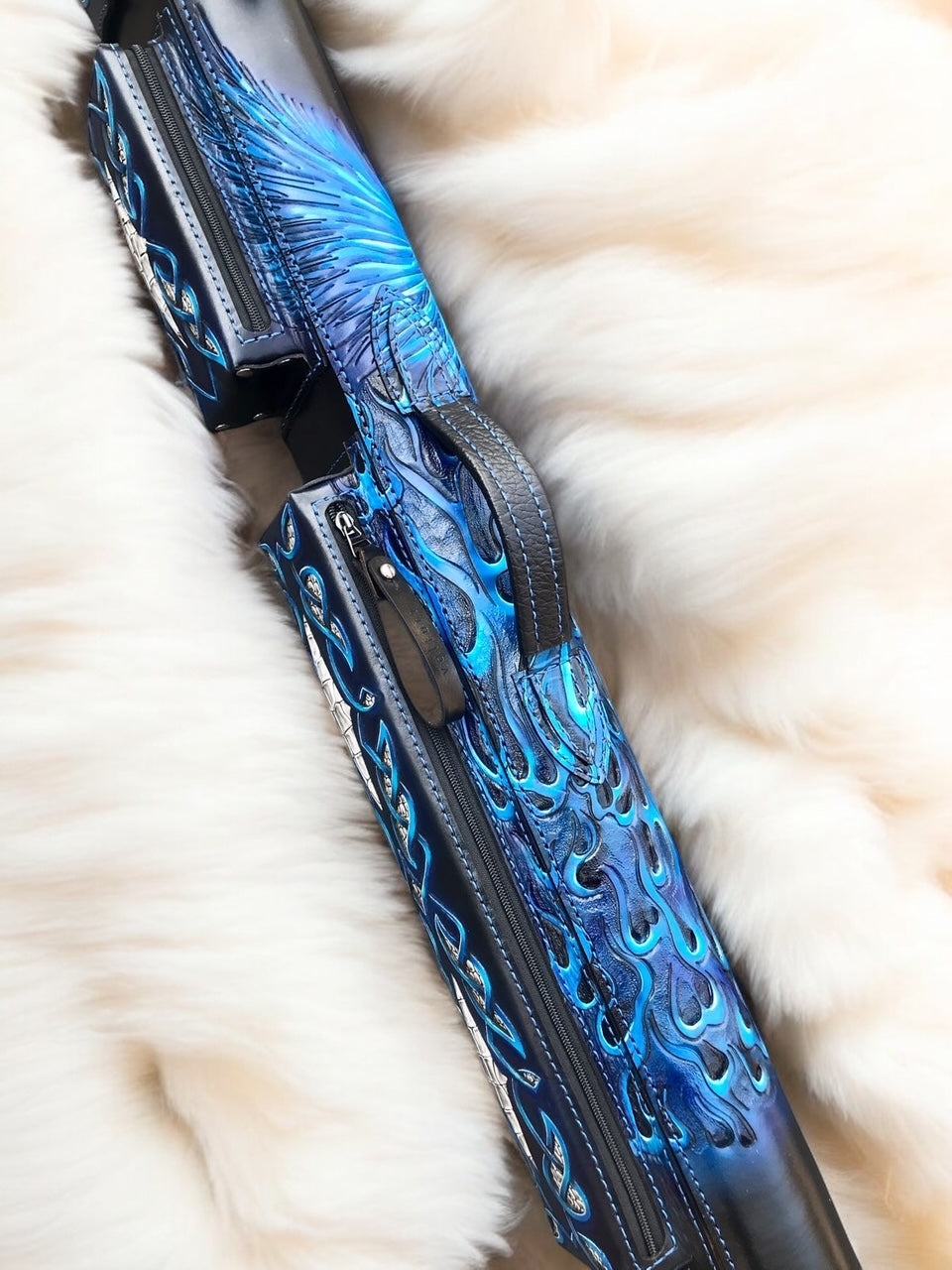 Side view of Phoenix blue custom leather pool cue case