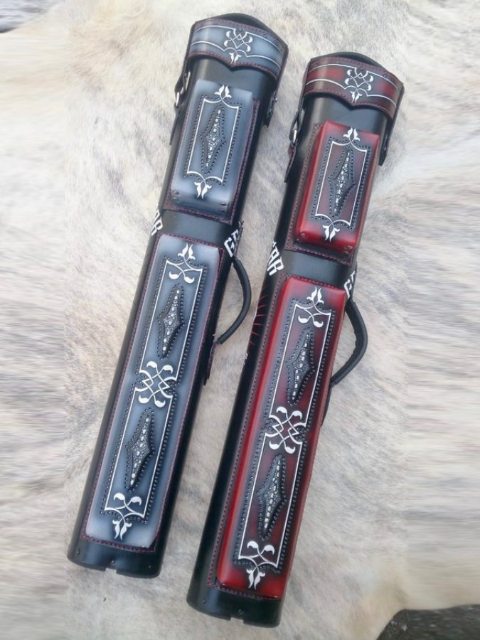 Front view of Poker leather pool cue case with card-themed artwork