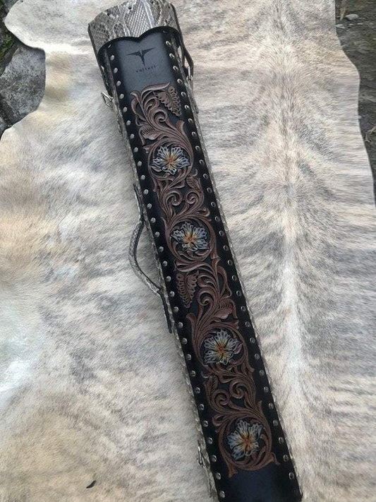 Back view of Python II custom snakeskin pool cue case, showing dark python texture and elegant handmade construction