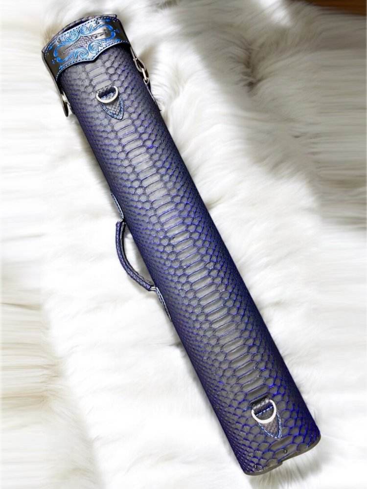 Back view of Venice Blue python custom leather cue case, showing blue accents, exotic leather texture and craftsmanship