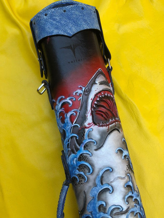 Back close-up of Shark leather cue case