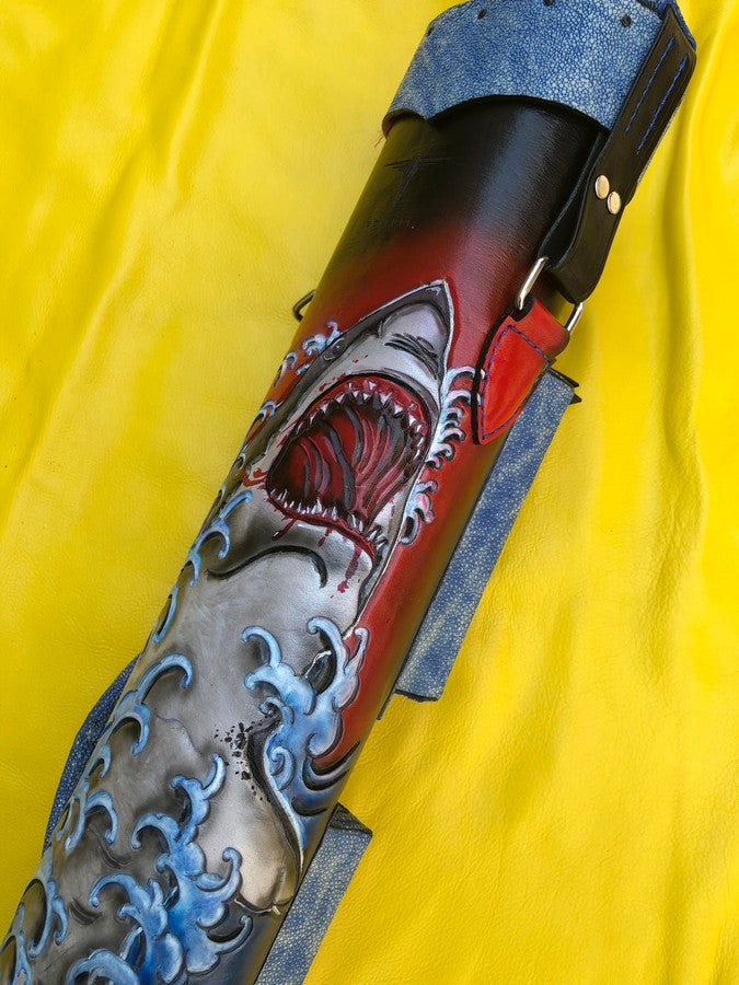 Side view of Shark leather cue case and handmade finish