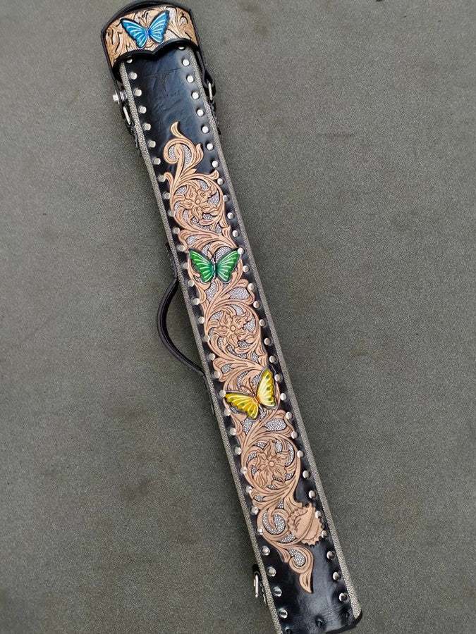 Back view of Stingray custom leather cue case with stingray leather detailing