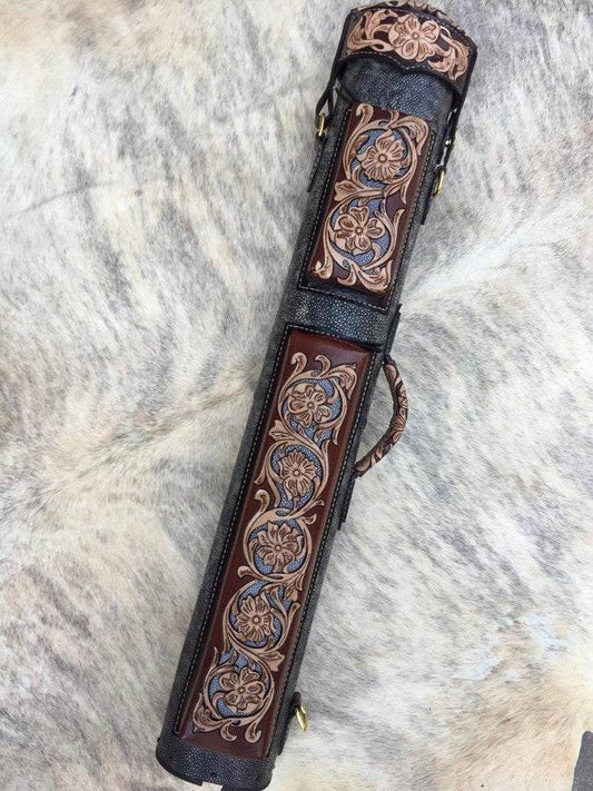 Front view of Stingray custom leather cue case with stingray leather detailing