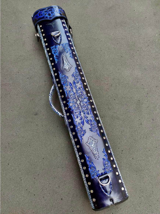 Back view of Stratta Single Tone blue leather cue case with vegetable-tanned leather detailing and handmade finish