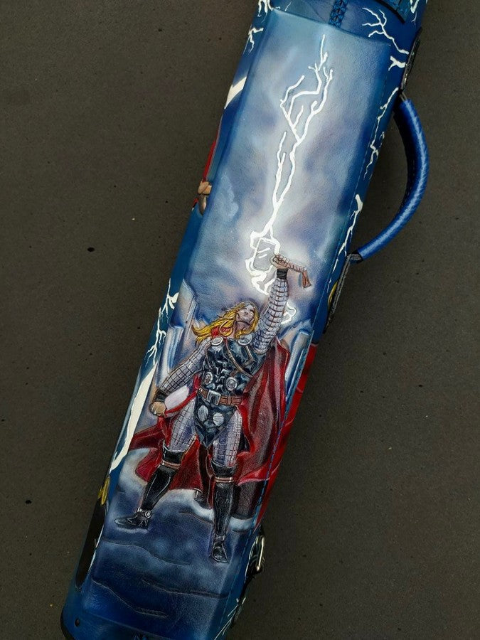 Front close-up of Thor custom leather cue case with comic-inspired artwork