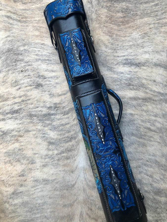 Front view of Tiger custom leather cue case with tiger artwork