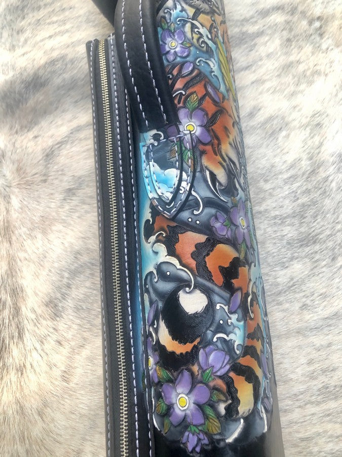 Side view of Tiger custom leather cue case with tiger artwork