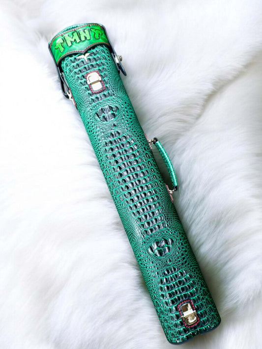 Back view of TMNT Ninja Turtle leather cue case with green panels, red mask accents, and handcrafted detailing