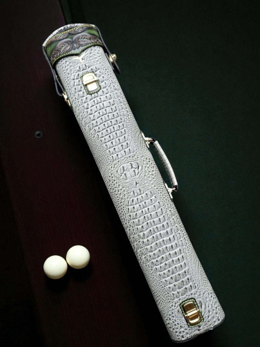 Back view of the lime Vicri vegetable-tanned cowhide cue case with a crocodile-embossed body.