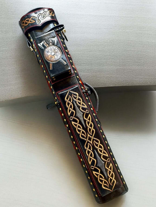 Front view of Viking leather pool cue case