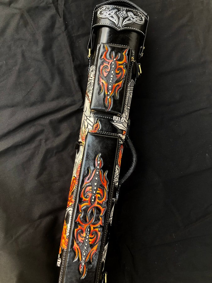 Front view of Warlord custom leather pool cue case and handmade finish