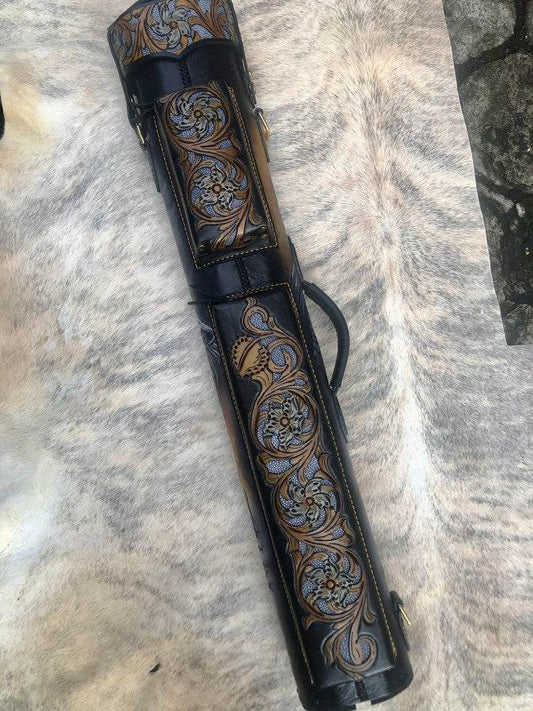 Front view of Wolf leather cue case with wolf artwork and handmade finish