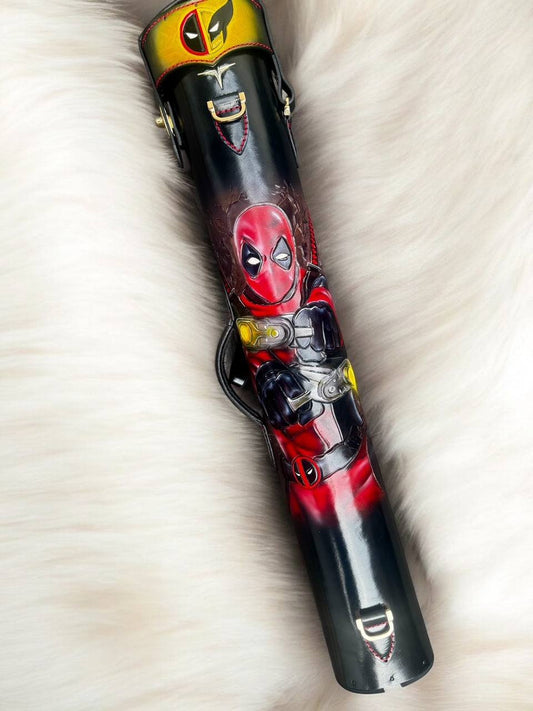 Back view of Wolverine Deadpool custom leather cue case with comic-inspired artwork