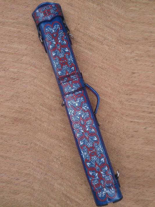 Front view of Arabesque red and blue leather cue case