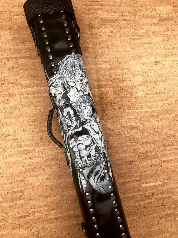 Back view of Batman custom leather pool cue case with comic-inspired artwork