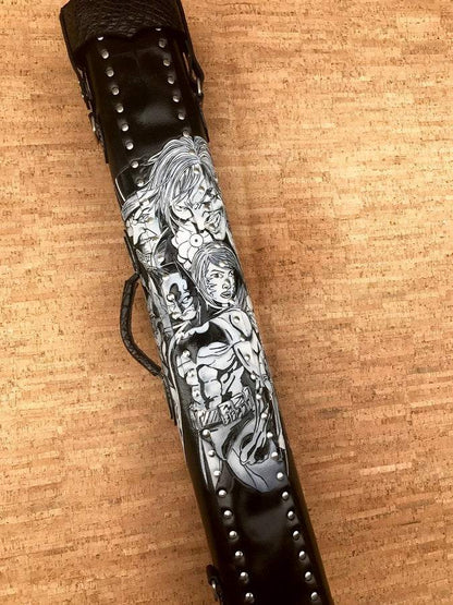 Back view of Batman custom leather pool cue case with comic-inspired artwork