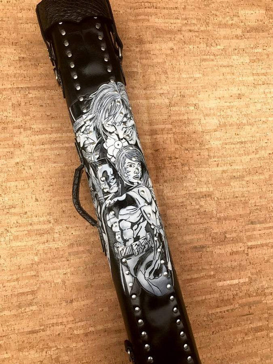 Back view of Batman custom leather pool cue case with comic-inspired artwork