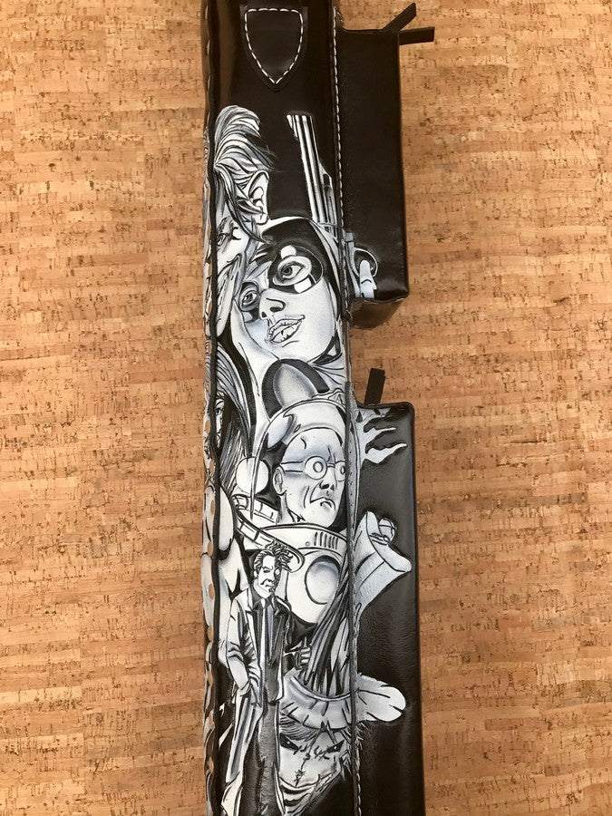 Close-up of Batman custom leather pool cue case with comic-inspired artwork