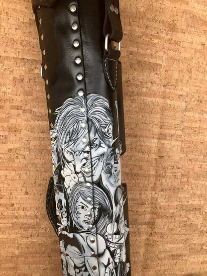 Close-up of Batman custom leather pool cue case with comic-inspired artwork