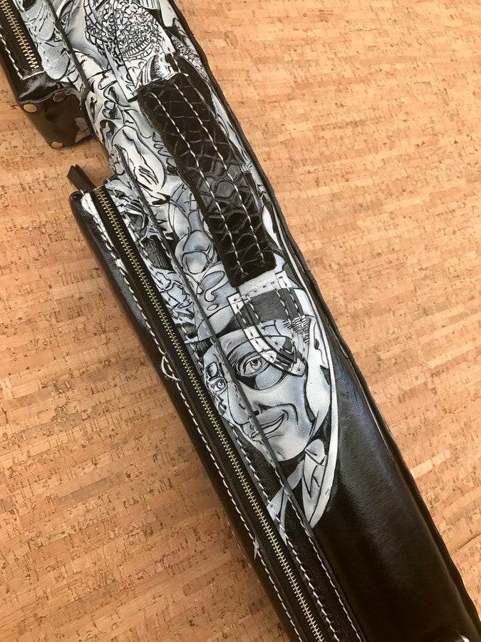 Close-up of Batman custom leather pool cue case with comic-inspired artwork